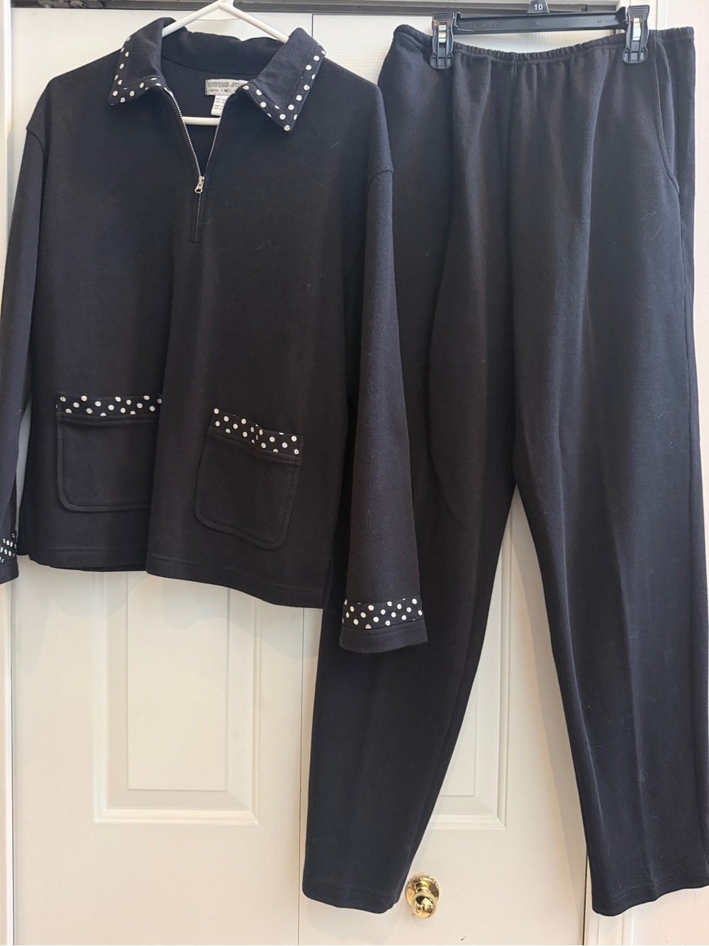 Medium Euro Joy Black Women's Two-Piece Lounge Set with White Polka Dot Detail